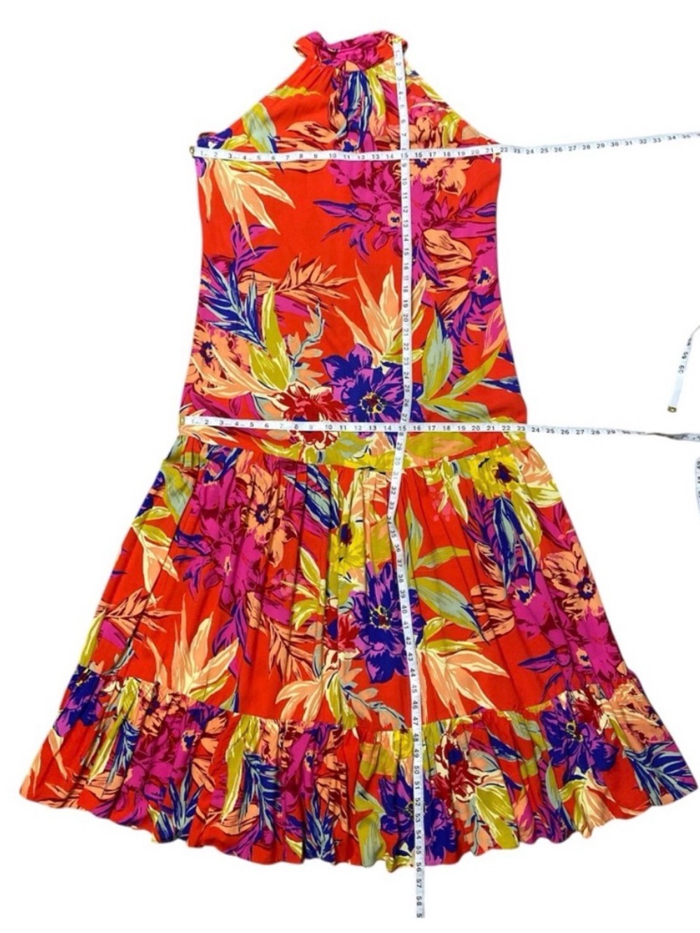 MSK Floral Printed Tiered Halter Neck Maxi Dress Orange Pink Sleeveless Sz Large - Picture 15 of 15